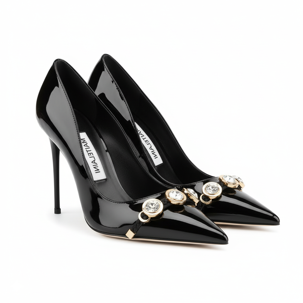 110 Black Patent Leather Golden Strap Pumps