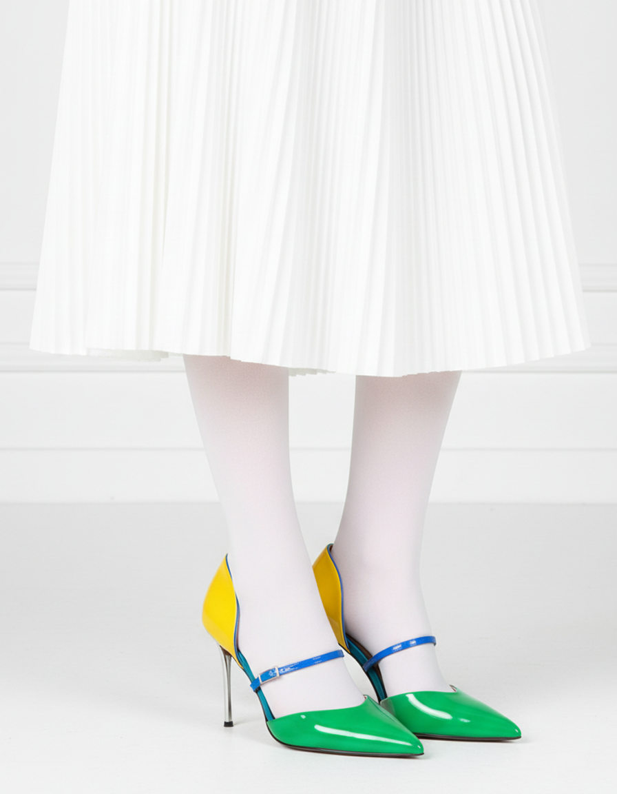 KLUX 100 Blue Green Yellow Patent Leather Mid  Hollow Belted Heels