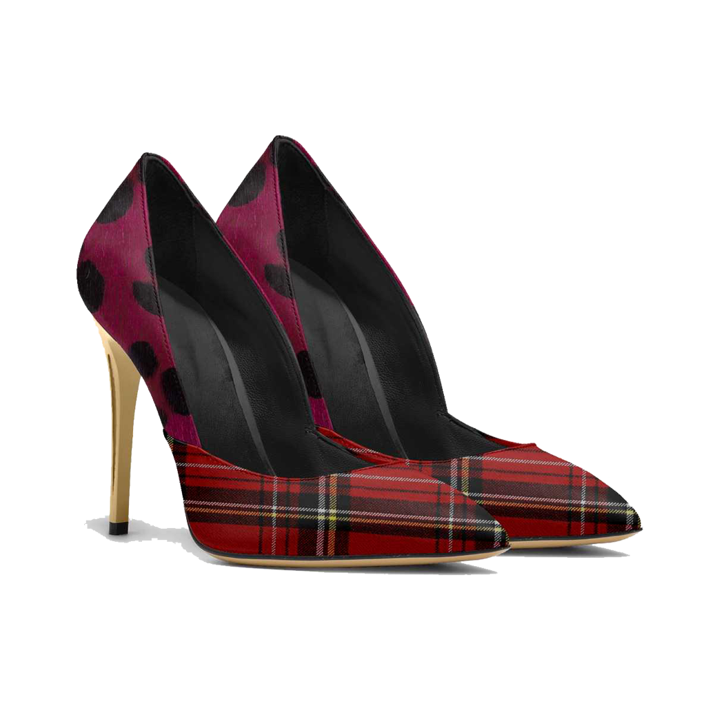 ROSME 100 苏格兰格子红色豹纹高跟鞋