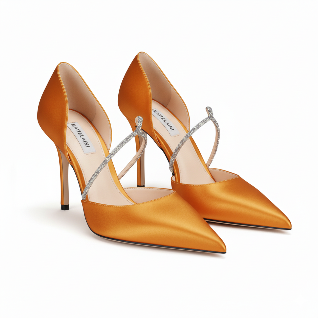 100mm Orange Yellow Satin Mid Hollow Glitter Belt Pumps