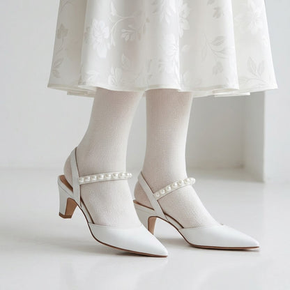 40mm White Leather with Pearls Belt Pumps
