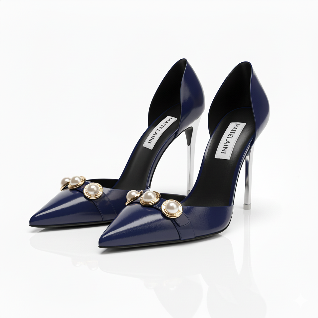 ULSA 110 Navy Blue Rhinestone Mid Hollowed Pumps