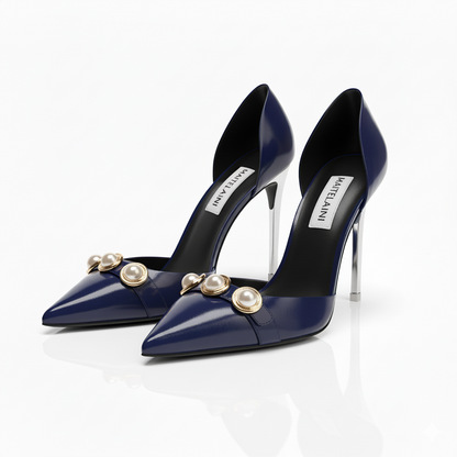ULSA 110 Navy Blue Rhinestone Mid Hollowed Pumps