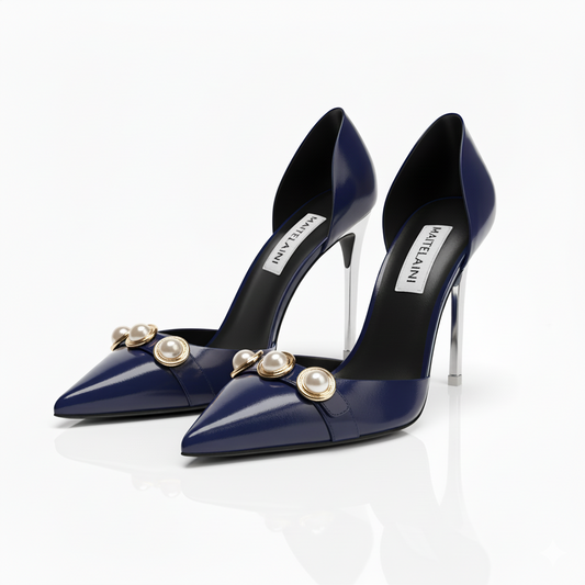 ULSA 110 Navy Blue Rhinestone Mid Hollowed Pumps