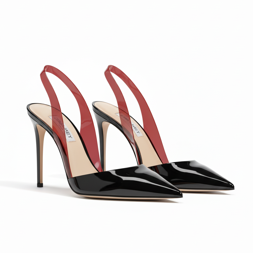 ULSA 110 Black Patent Leather Red Strap Slingback Heels