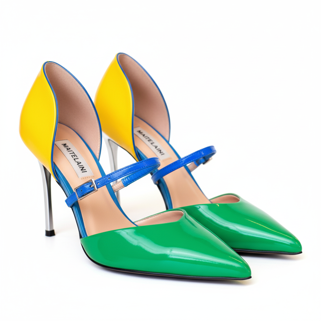 KLUX 100 蓝绿黄漆皮中空绑带高跟鞋