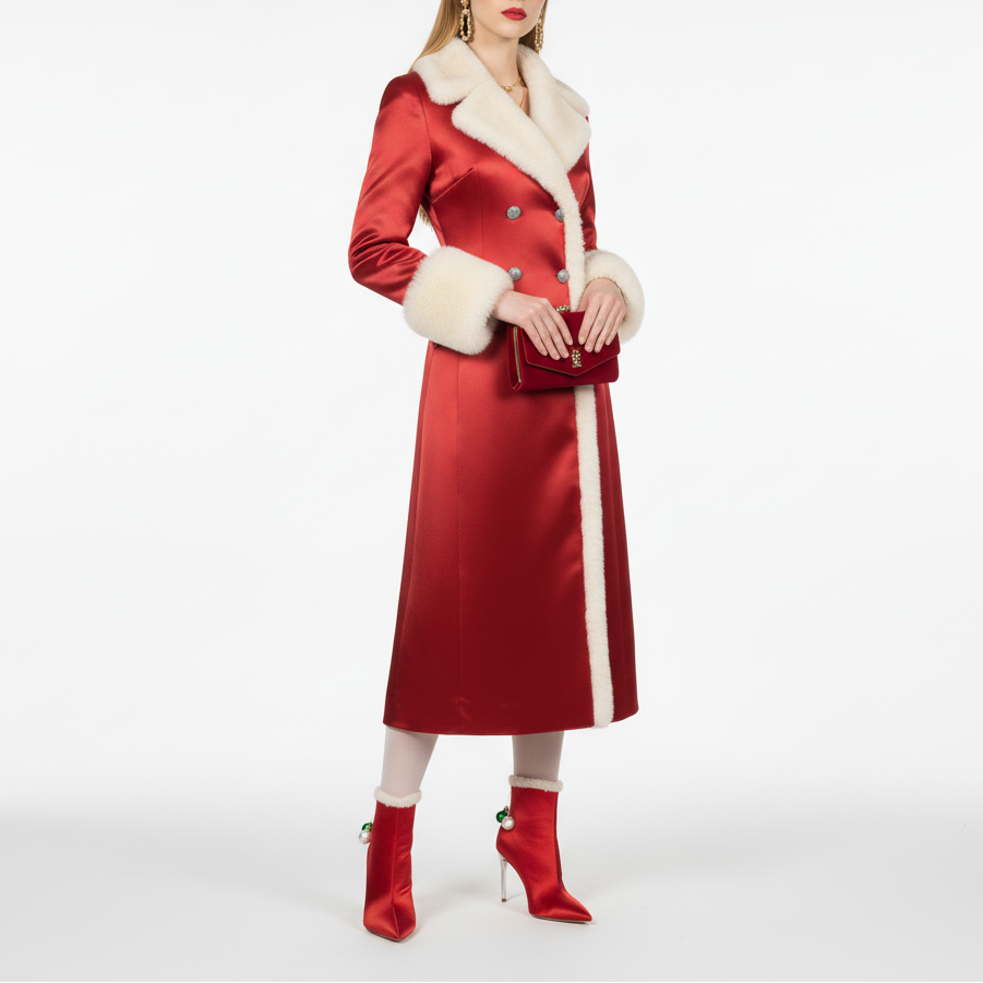 女士红色缎布羊毛大衣