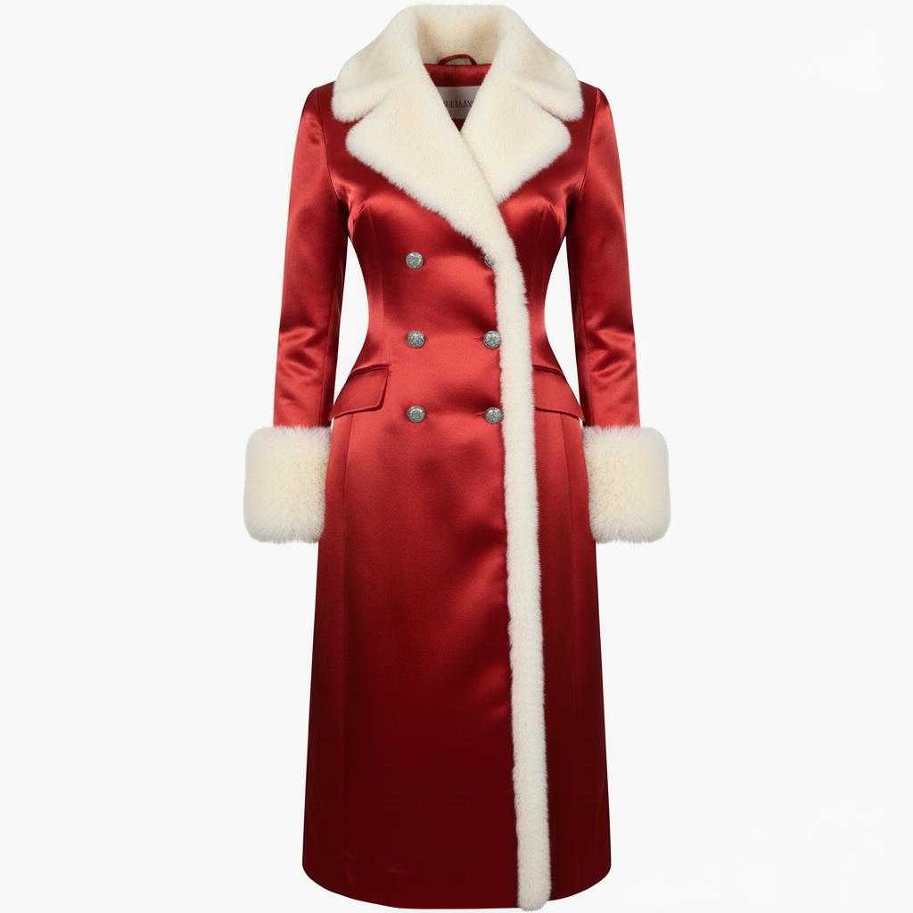 女士红色缎布羊毛大衣