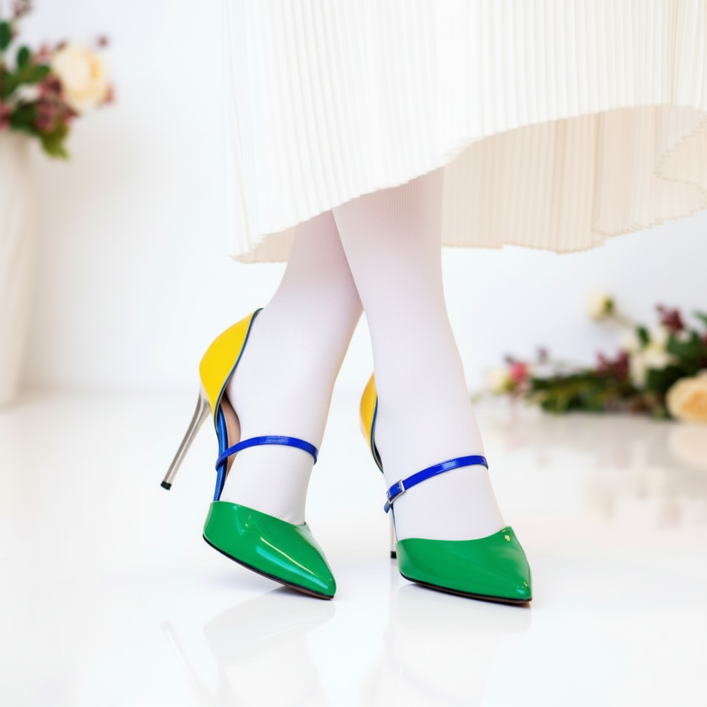 KLUX 100 Blue Green Yellow Patent Leather Mid  Hollow Belted Heels