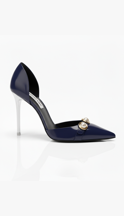 ULSA 110 Navy Blue Rhinestone Mid Hollowed Pumps