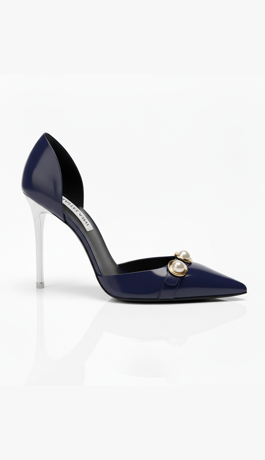 ULSA 110 Navy Blue Rhinestone Mid Hollowed Pumps