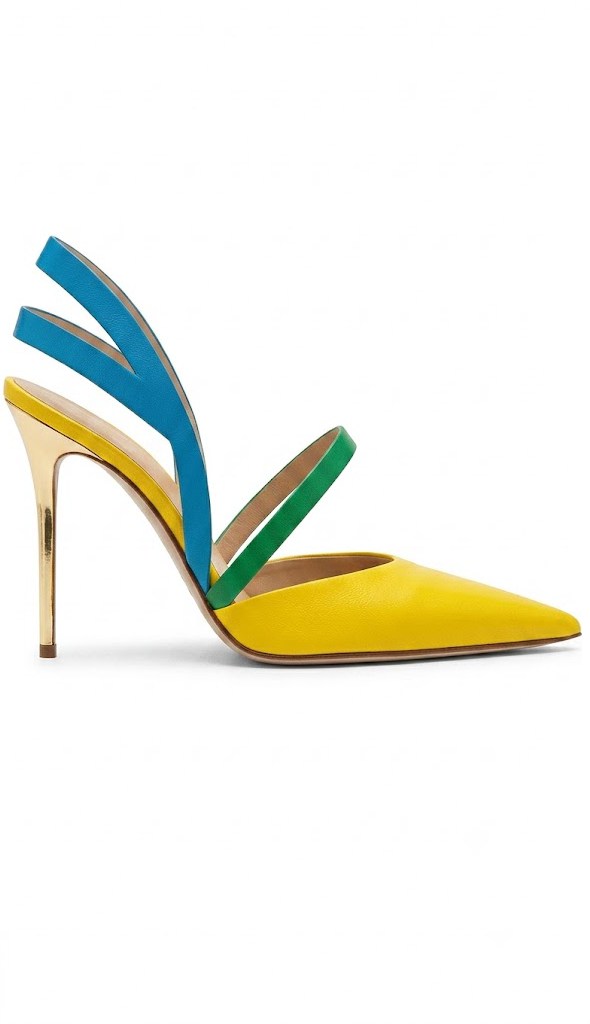 115mm "Spring Breath" Blue-Green-Yellow Belted Leather Pumps