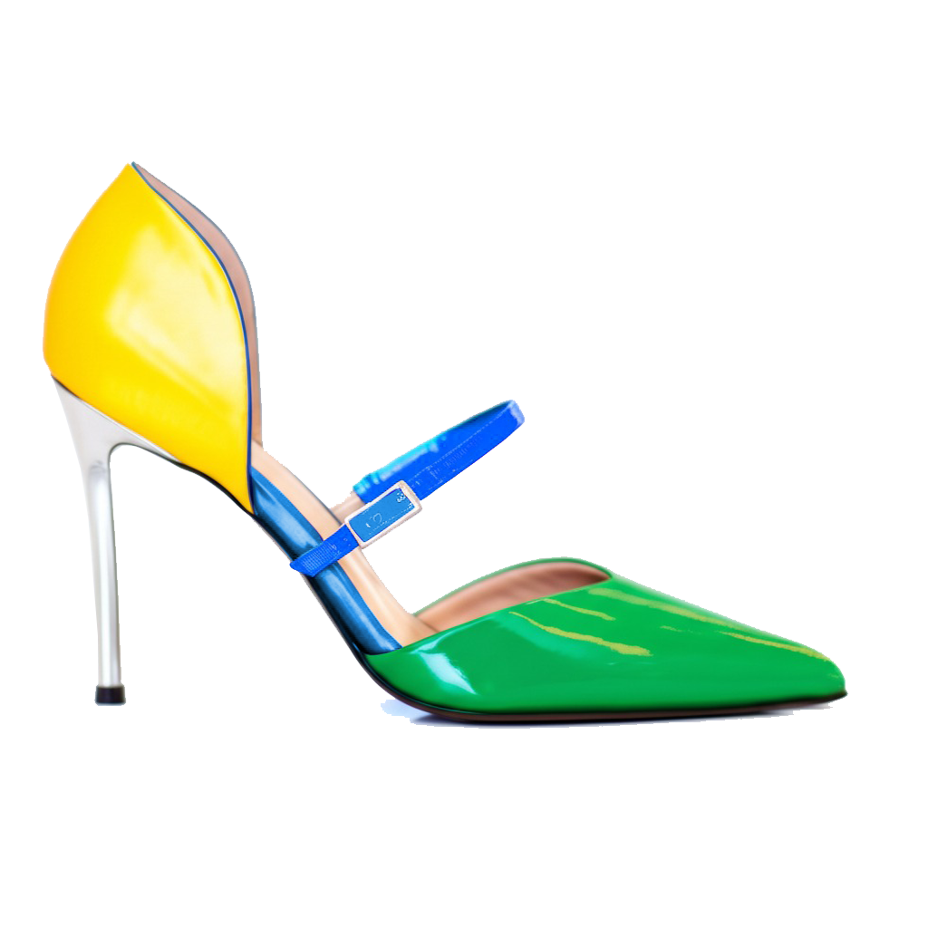 KLUX 100 Blue Green Yellow Patent Leather Mid  Hollow Belted Heels