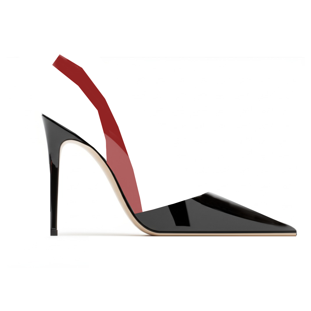 ULSA 110 Black Patent Leather Red Strap Slingback Heels