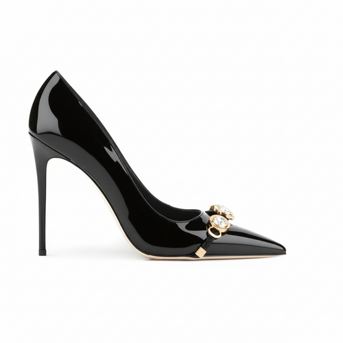 110 Black Patent Leather Golden Strap Pumps