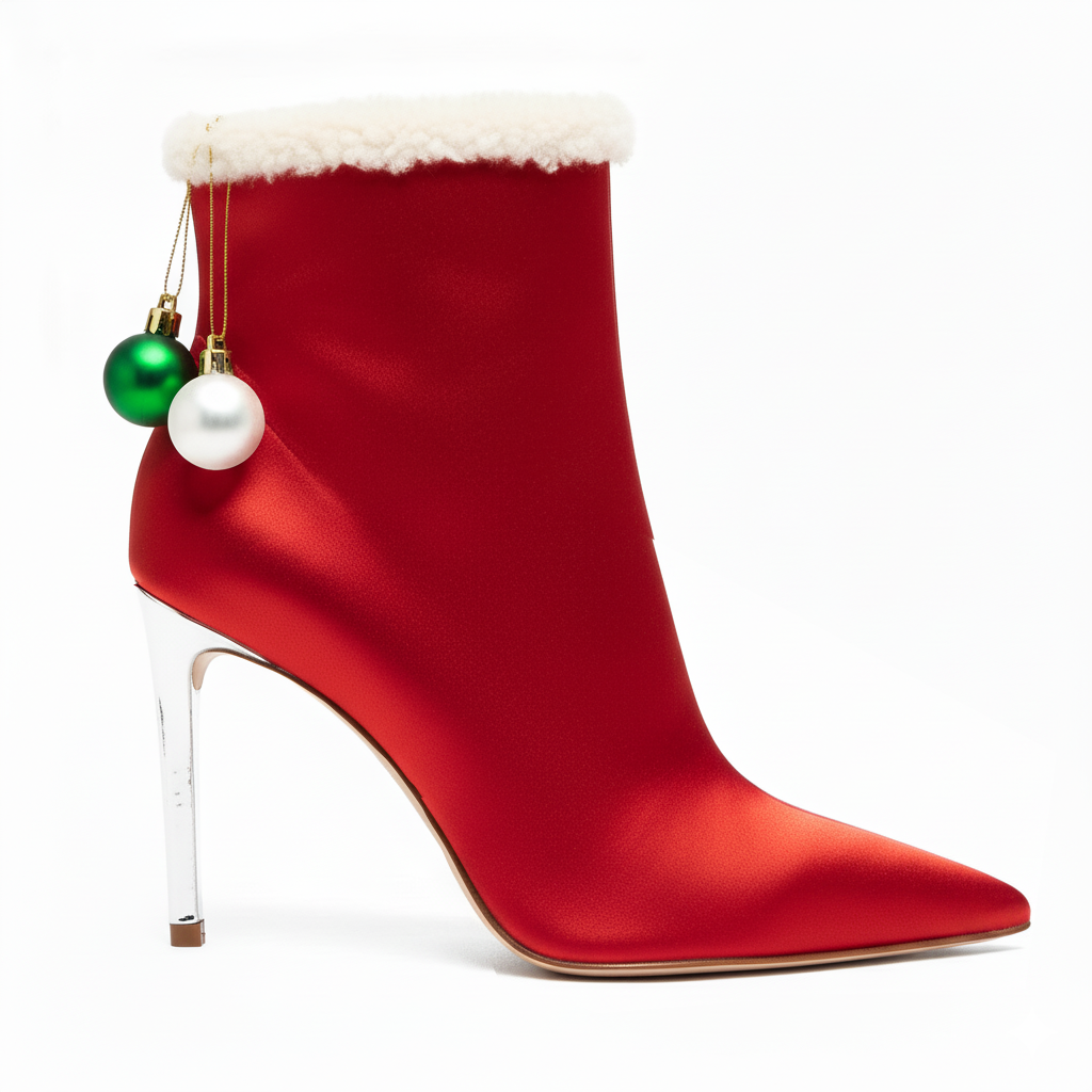 80mm 红色缎布圣诞装饰高跟靴