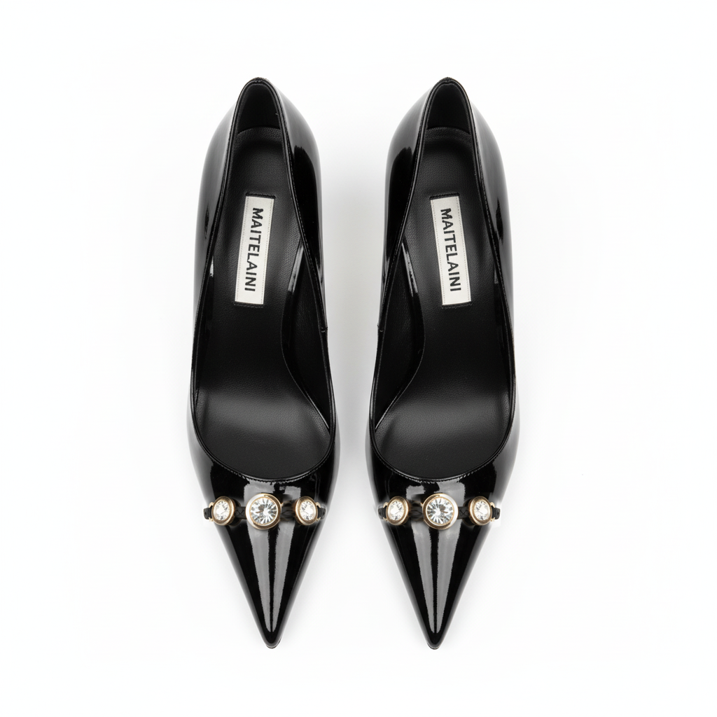 110 Black Patent Leather Golden Strap Pumps