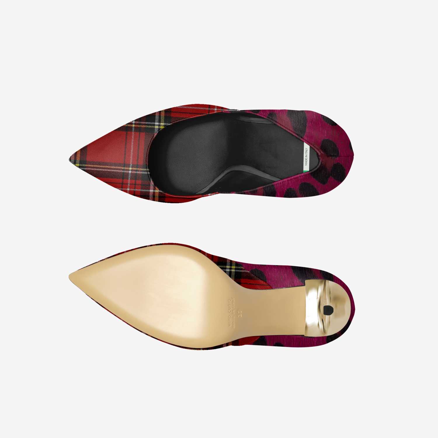 ROSME 100 苏格兰格子红色豹纹高跟鞋