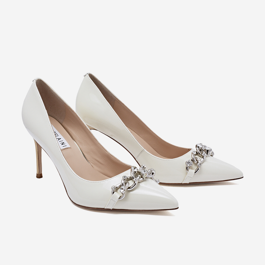 ATIS 85 White Belted Patent Leather Pumps
